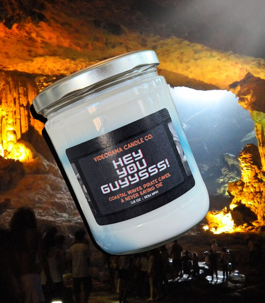 Videorama Candle Co. Hey You Guyysss candle inspired by The Goonies — ocean spray, sea salt, and cave stone soy candle
