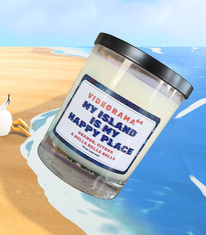 Videorama64 "My Island Is My Happy Place" Animal Crossing-inspired soy candle, 10 oz, orange and citrus scent, glitch label, island beach background