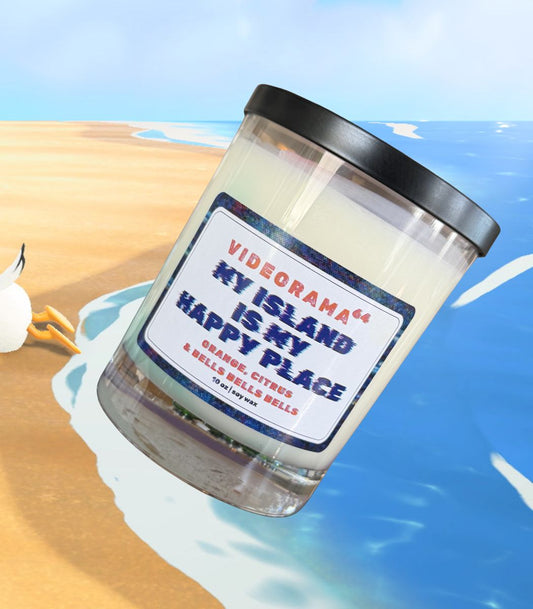 Videorama64 "My Island Is My Happy Place" Animal Crossing-inspired soy candle, 10 oz, orange and citrus scent, glitch label, island beach background