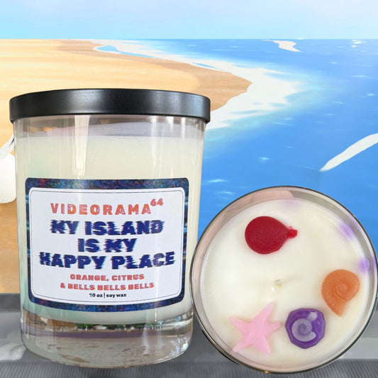 Videorama64 "My Island Is My Happy Place" candle with lid showing seashell and starfish wax embeds, Animal Crossing pop culture soy candle, 10 oz