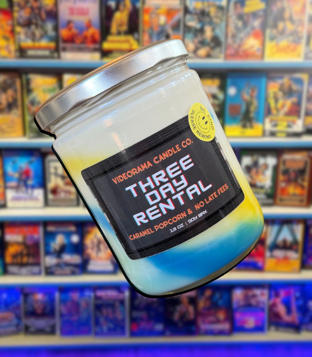 Blockbuster video store-inspired soy candle with popcorn, caramel, and sea salt — 90s nostalgia candle gift — Videorama Candle Co.
