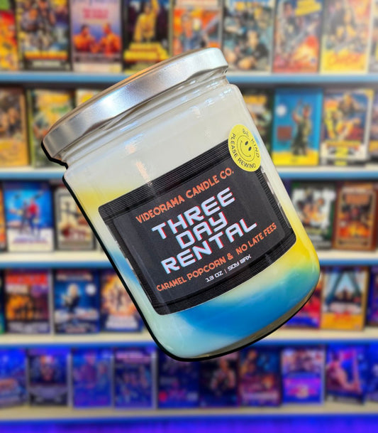 Blockbuster video store-inspired soy candle with popcorn, caramel, and sea salt — 90s nostalgia candle gift — Videorama Candle Co.
